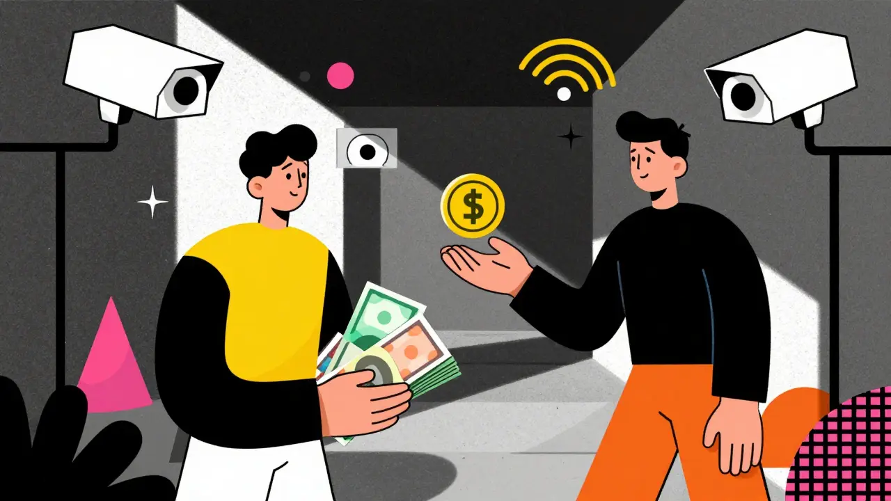 Échange clandestin de crypto et cash, illustration géométrique