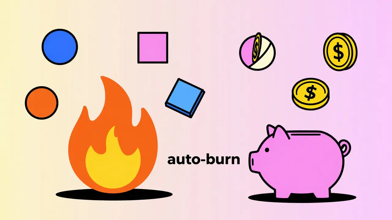 Illustration abstraite du mécanisme de brûlage de tokens en style Memphis