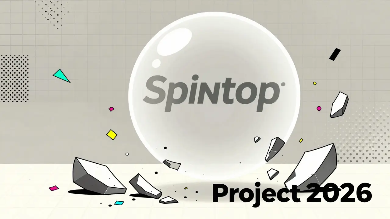 Logo Spintop fantomatique et fragments géométriques évoquant l'histoire du projet