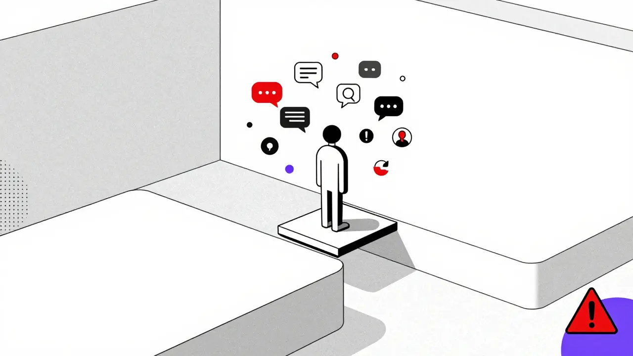 Personnage isolé sur une plateforme instable avec des icônes sociales