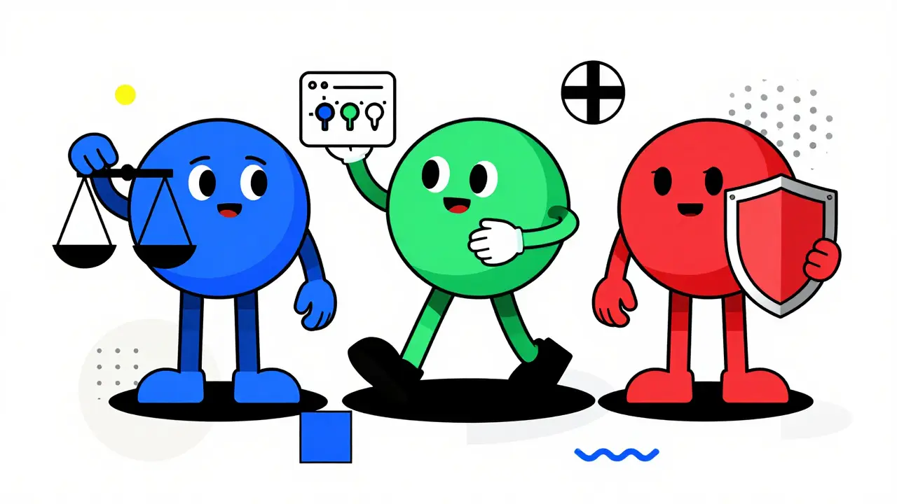 Personnages abstraits comparant les protocoles Aave, Compound et MakerDAO