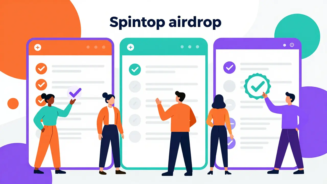 Personnages abstraits validant des étapes d'éligibilité crypto en style Memphis