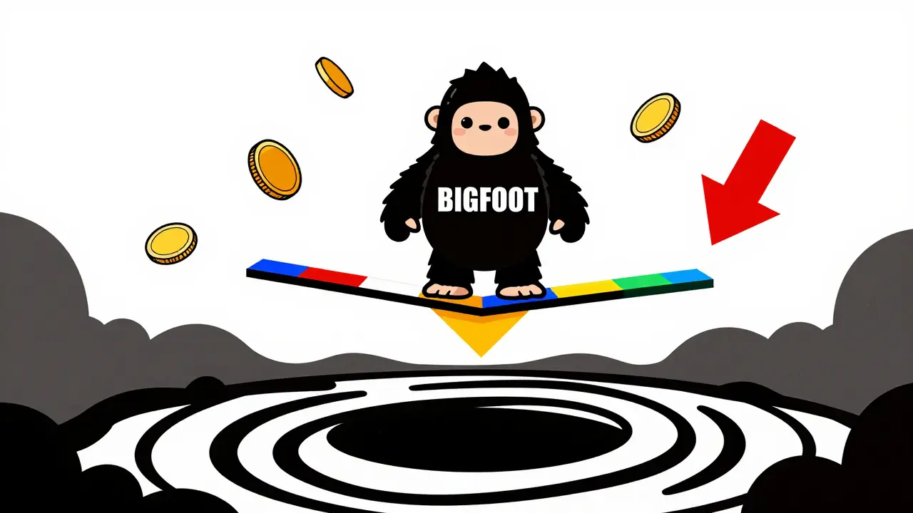 Petit Bigfoot sur un fil d'équilibre fragile symbolisant la volatilité et les risques financiers