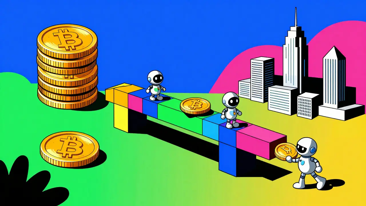 Pont géométrique reliant les pièces Bitcoin à l'écosystème DeFi Ethereum via tBTC