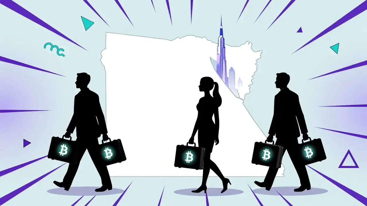 Style Memphis : entrepreneurs blockchain quittant l'Égypte pour Dubaï avec leurs actifs numériques.