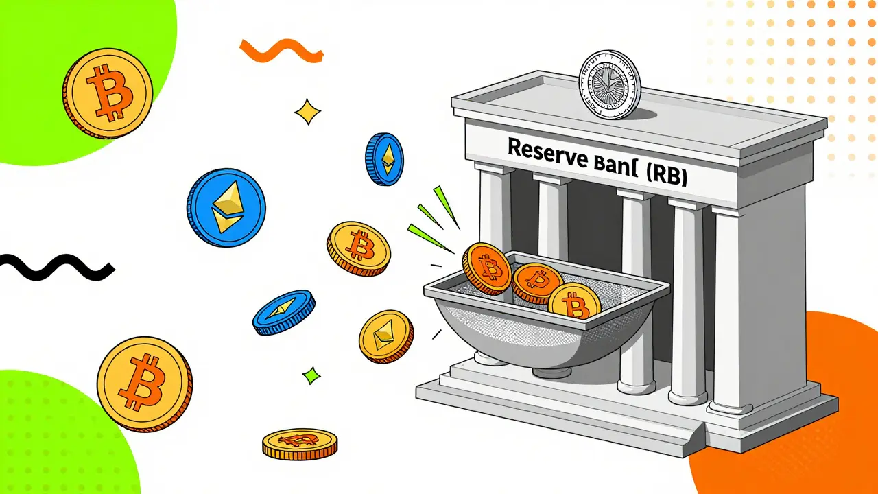 Symboles crypto filtrés par la régulation bancaire indienne, style Memphis