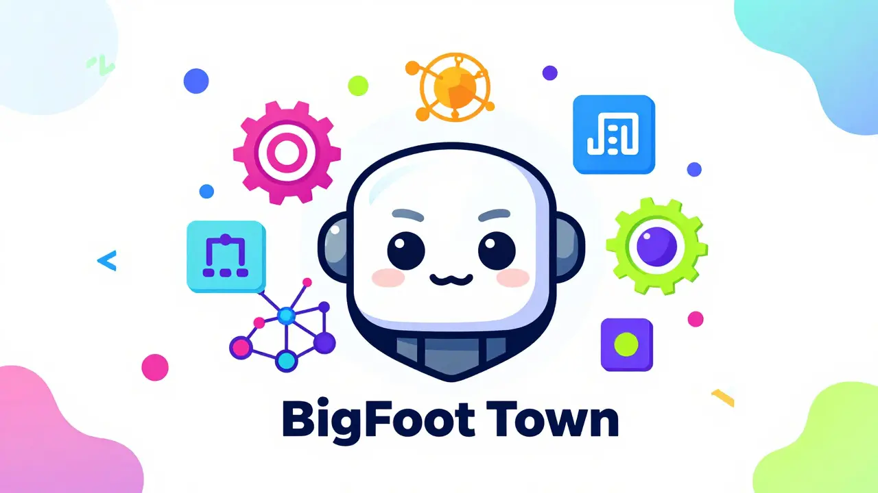 Tête robotique de Bigfoot entourée d'icônes technologiques et de formes Memphis colorées