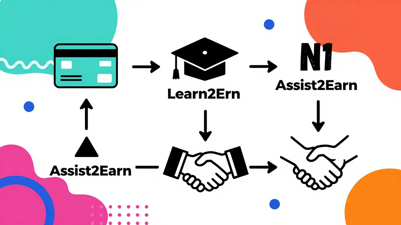 Un schéma infographique inspiré du design Memphis montrant les méthodes pour acquérir des tokens N1 sur Bitget, utilisant des lignes ondulées, des flèches triangulaires et des couleurs plates comme le cyan et le magenta pour un look ludique et graphique.