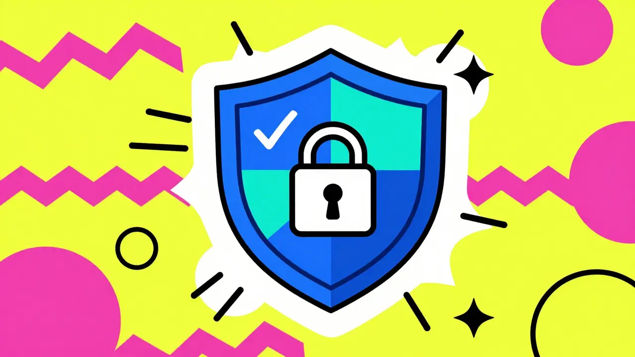 Une représentation illustrative de la sécurité blockchain dans le style Memphis, mettant en scène un bouclier composé de formes géométriques interconnectées entouré de motifs décoratifs colorés, symbolisant la vérification et la protection sans réalisme.