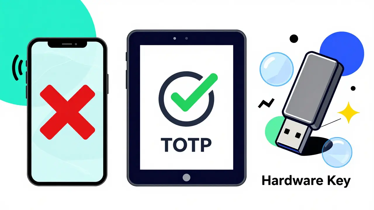 Comparaison visuelle en style Memphis : téléphone vulnérable, application TOTP sûre et clé matérielle robuste pour la crypto