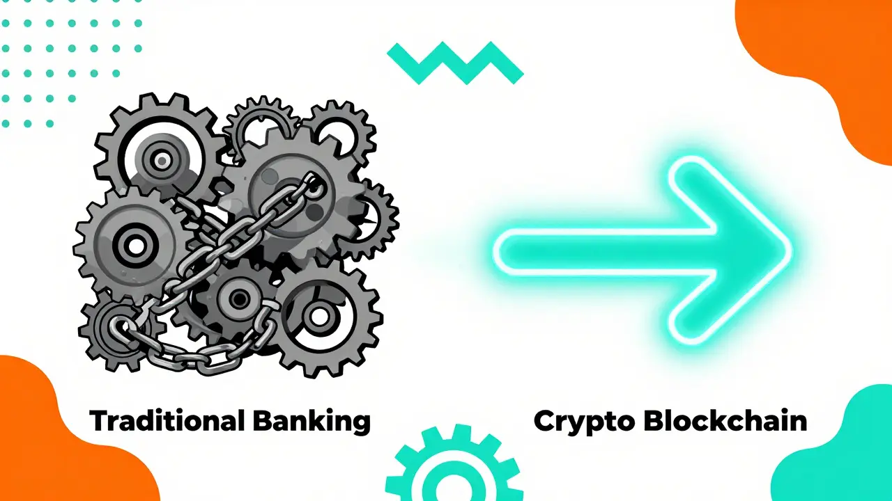 Comparaison visuelle Memphis entre la lenteur bancaire et la rapidité crypto