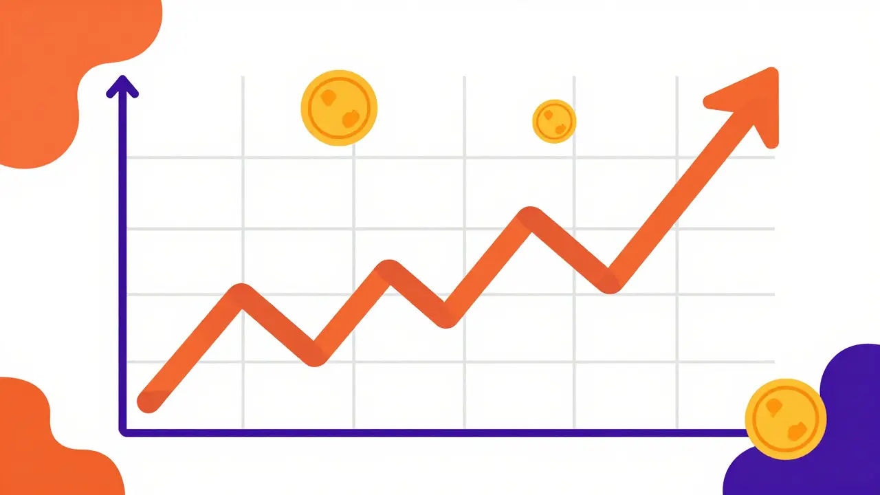 Élément d'infographie stylisé au style Memphis montrant la performance du marché. Un graphique linéaire whimsique dessiné avec des lignes ondulées épaisses en orange et violet vifs, rebondissant sur une grille faite de formes géométriques ludiques. Autour du graphique flottent des représentations abstraites de la volatilité et de la croissance, telles que des pièces tournantes et des flèches ascendantes, toutes rendues dans un style d'art vectoriel plat sans dégradés ni ombres, mettant l'accent sur la nature cartoon des données financières.