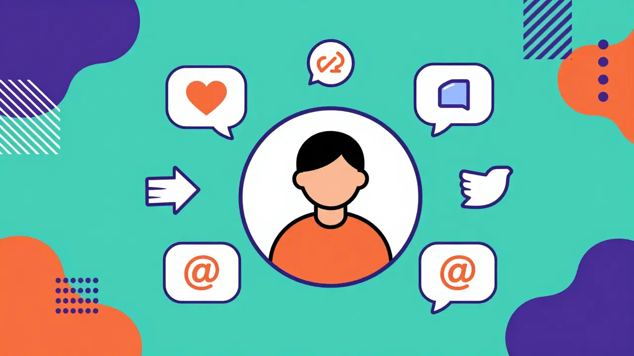 Icônes de réseaux sociaux flottantes autour d'un profil utilisateur, style Memphis