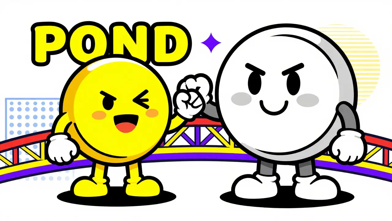 Illustration cartoon au style Memphis Design décrivant le système à double jeton POND et MPond. Deux personnages distincts et charmants représentent les jetons : un petit, nombreux et énergique pour POND (utilité), et un plus grand, élégant et autoritaire pour MPond (gouvernance). Ils sont reliés par un graphique de pont audacieux et coloré. Utilisation de couleurs plates à fort contraste, contours noirs épais et motifs géométriques décoratifs typiques des tendances graphiques des années 80/90.