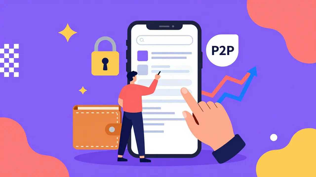Illustration de sécurité crypto avec cadenas et portefeuille sur fond Memphis design