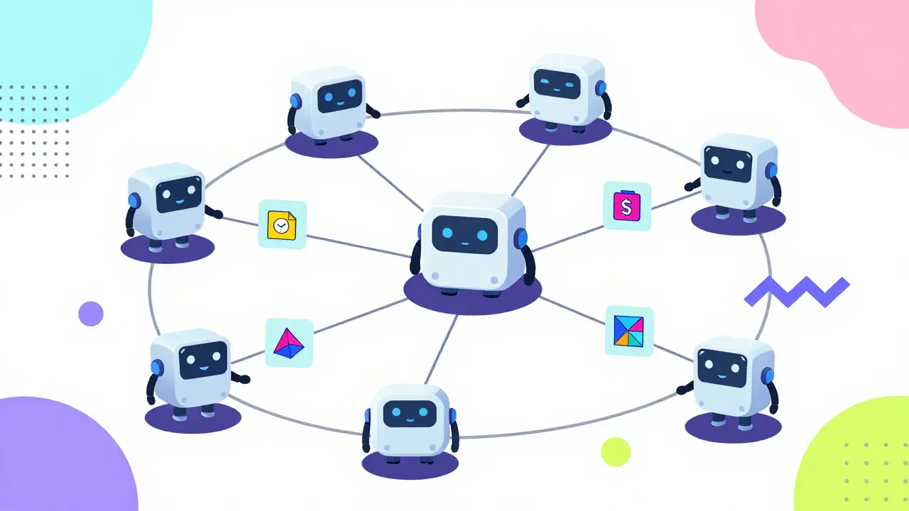 Œuvre abstraite au style Memphis visualisant le calcul d'IA décentralisé avec les Metanodes Marlin. Un réseau de nœuds interconnectés, semblables à de petits robots mignons (Metanodes), échangeant des paquets de données en forme d'icônes géométriques colorées. L'arrière-plan présente des éléments Memphis dispersés comme des zigzags et des pois dans des teintes pastel et néon. La scène transmet la vitesse, la sécurité et le calcul vérifiable tout en restant légère et illustrative.