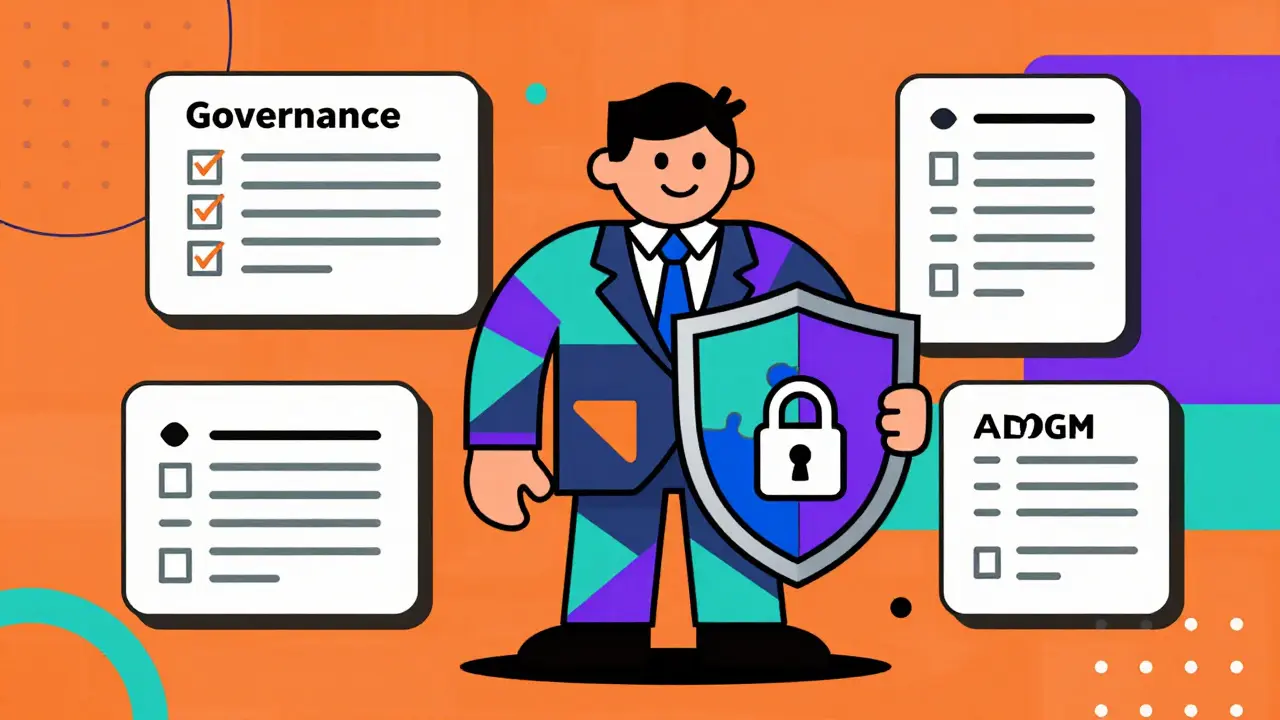Personnage stylisé tenant un bouclier de cybersécurité et des documents