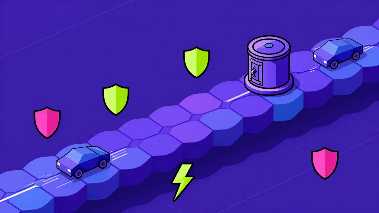 Pont numérique sur Polygon avec icônes de sécurité et vitesse, style Memphis