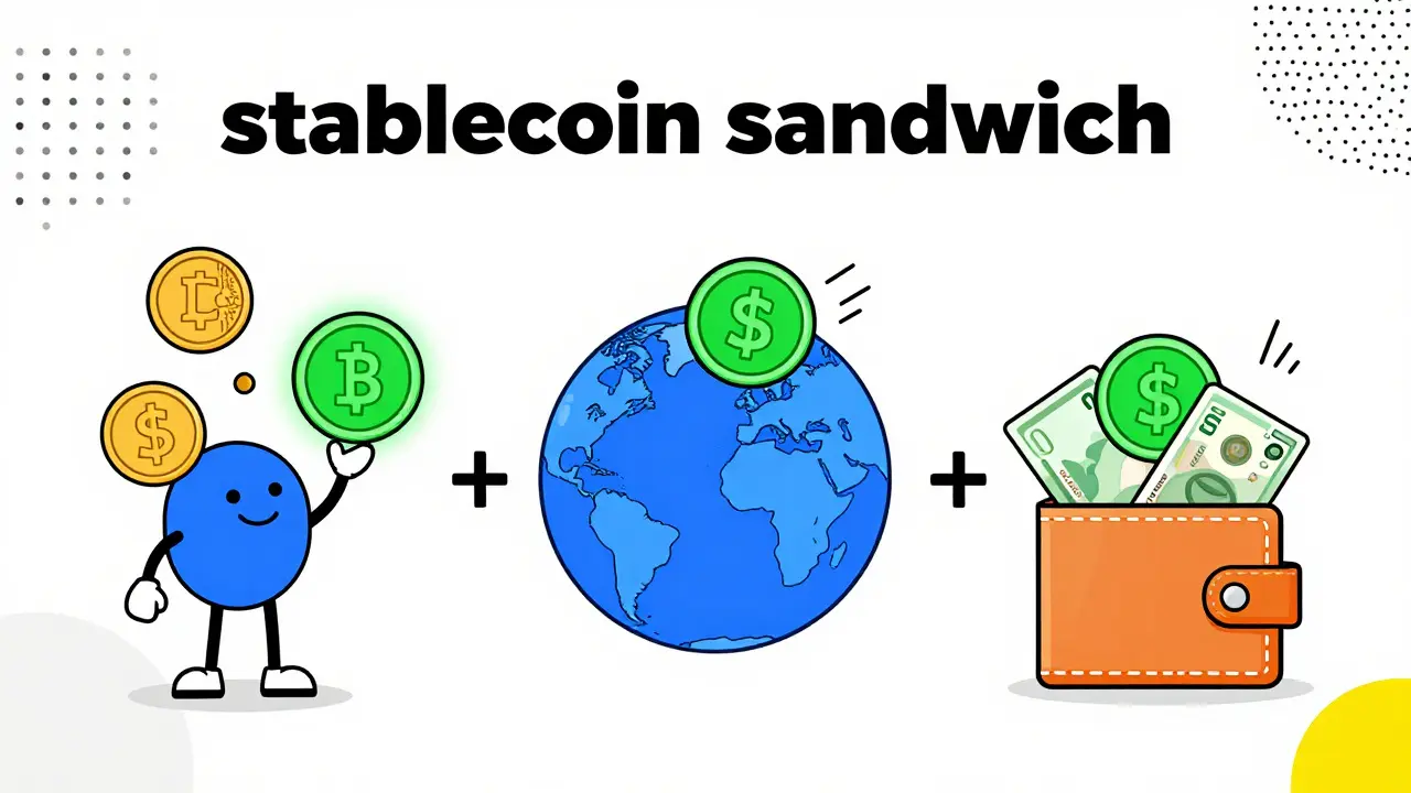 Schéma cartoon du processus de paiement par stablecoin