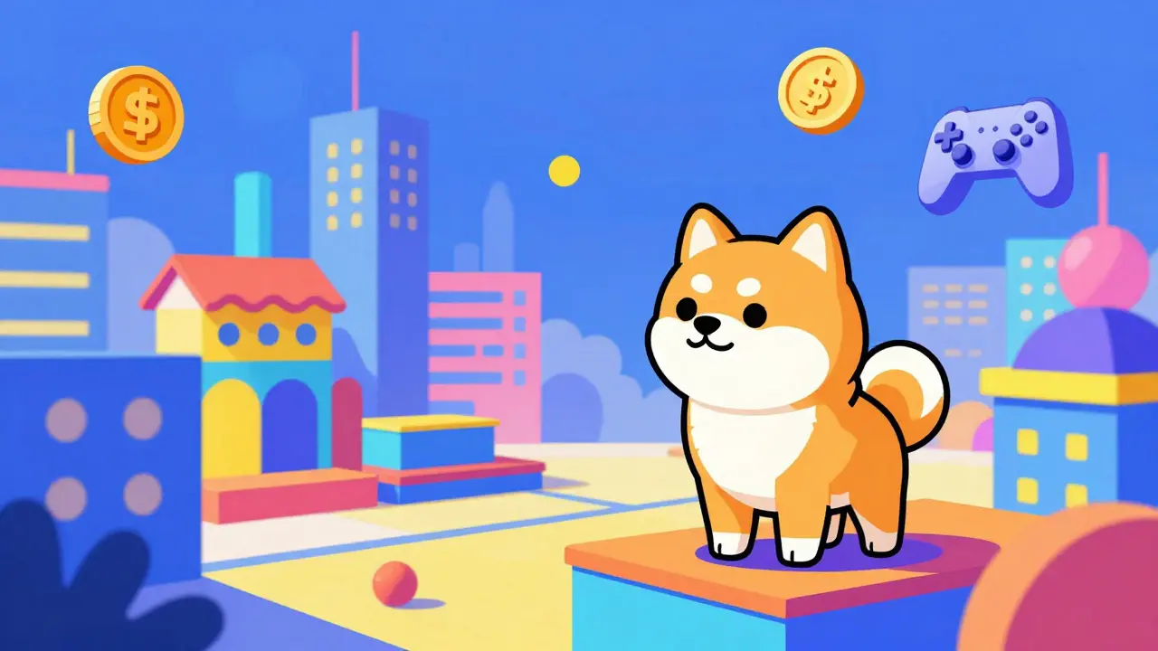 Shiba Inu dans un métavers coloré avec bâtiments géométriques, style Memphis