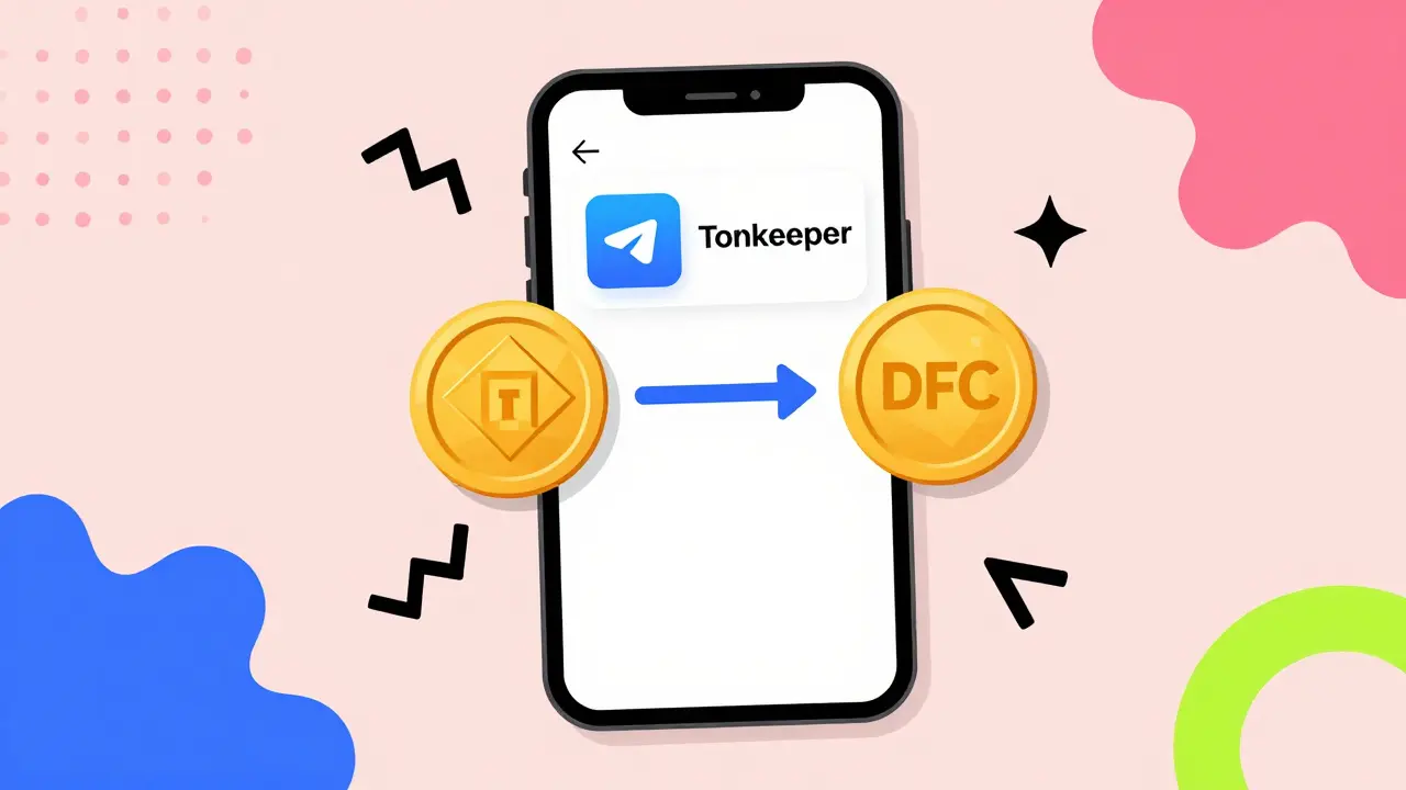 Smartphone stylisé montrant l'échange de tokens DFC et TON