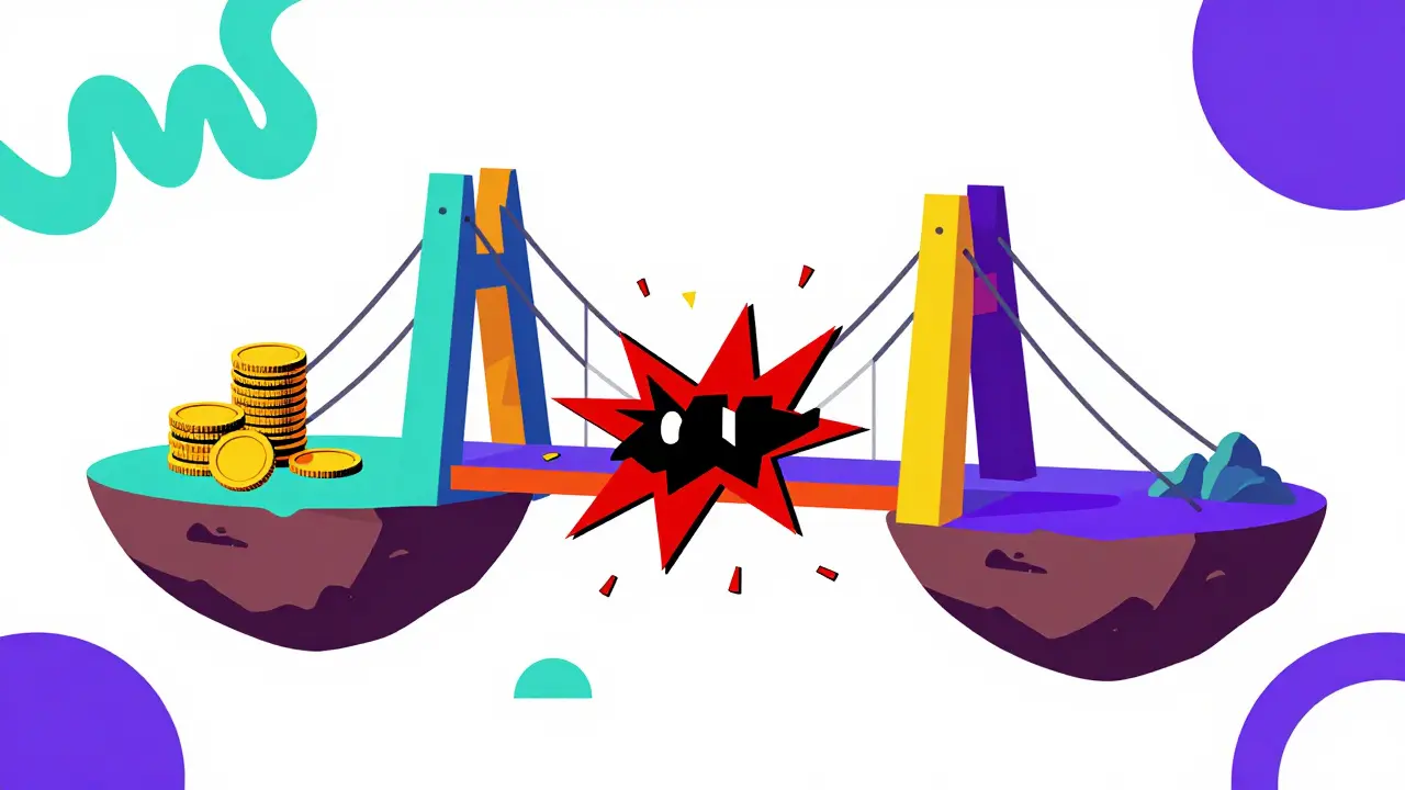 Style Memphis : pont de blocs fragile et cassé avec des formes abstraites colorées