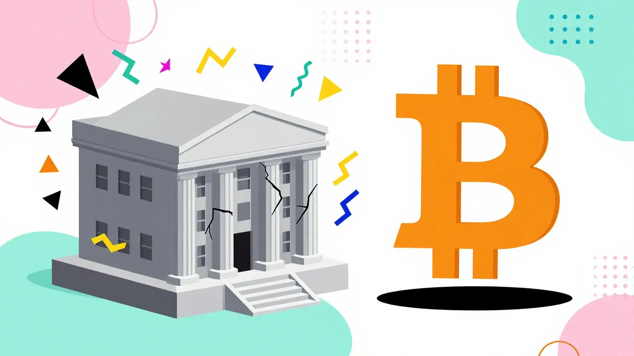 Banque fissurée vs symbole Bitcoin stable, design graphique coloré