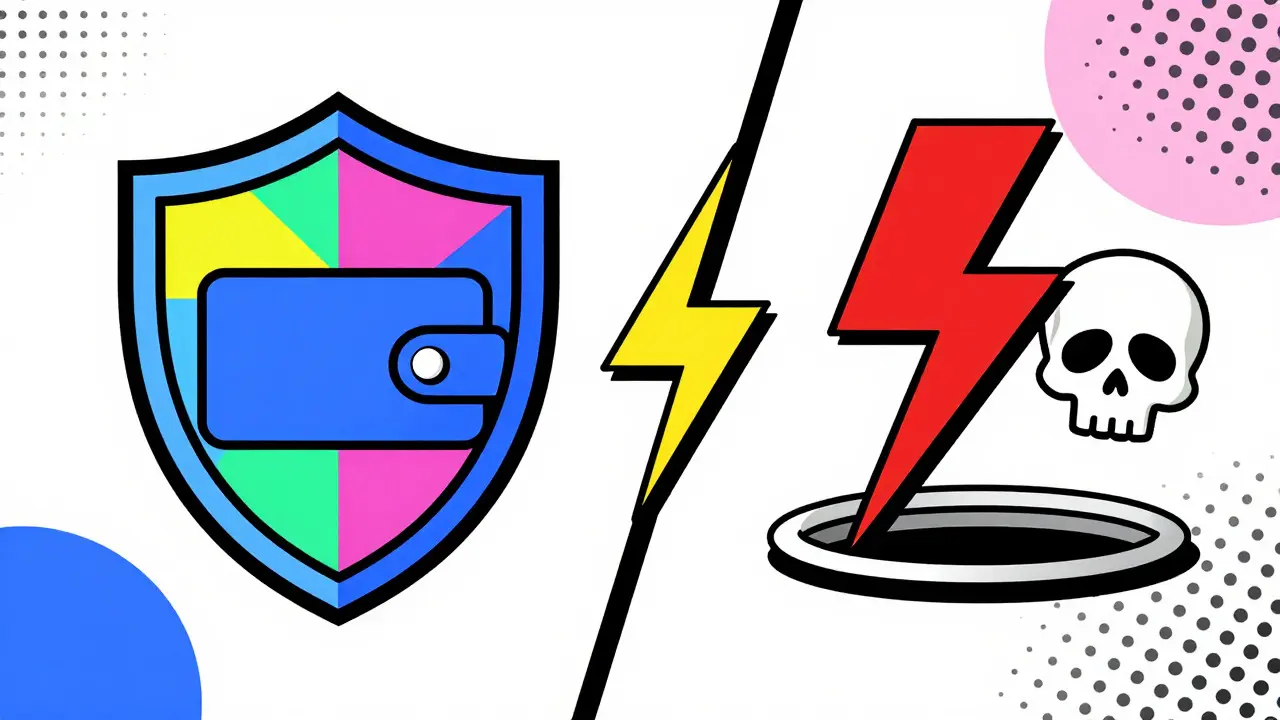 Bouclier de sécurité vs éclair rouge illustrant les arnaques crypto style Memphis