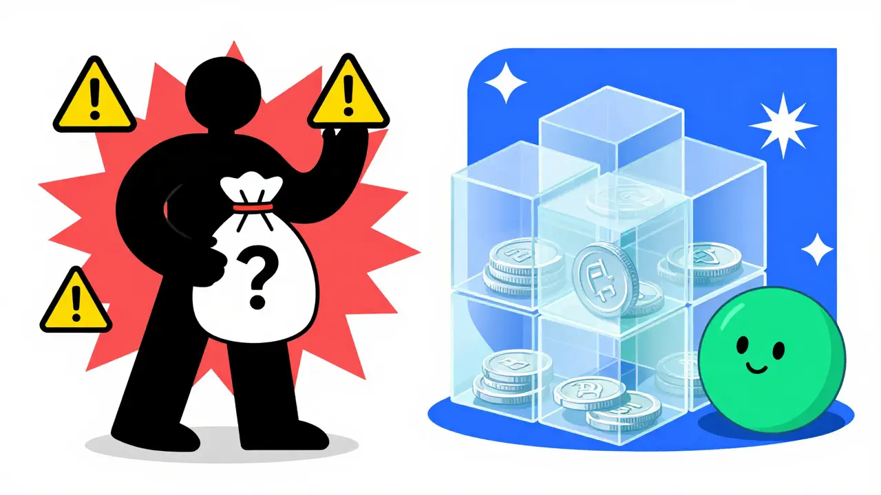 Comparaison visuelle entre projets crypto risqués et transparents, style Memphis