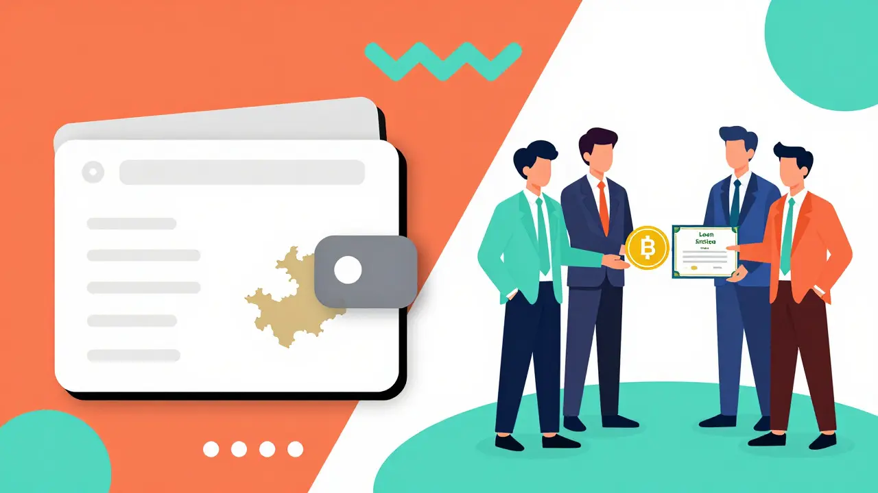 Division entre le stablecoin kirghize et le jeton utilitaire professionnel sur fond motifs Memphis.