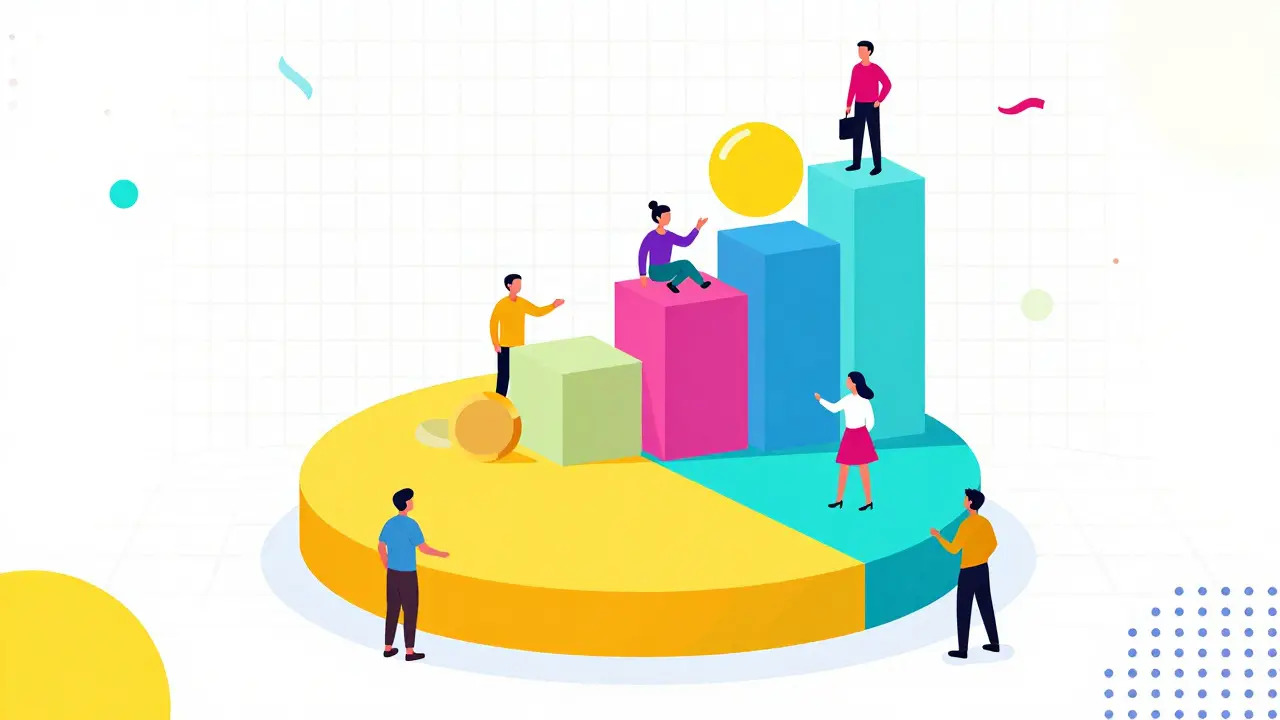 Graphique de tokenomics déconstruit en formes flottantes et figures abstraites