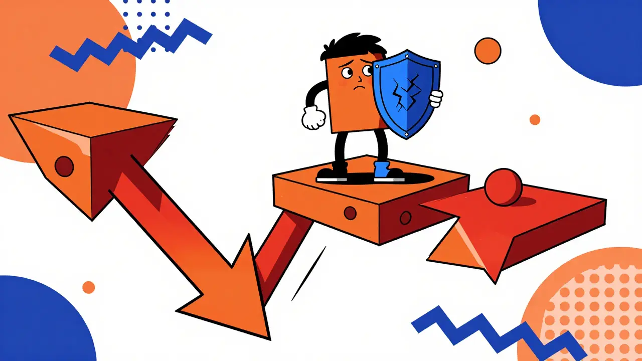 Illustration d'un personnage sur une plateforme instable menacée par une flèche vers le bas, style Memphis
