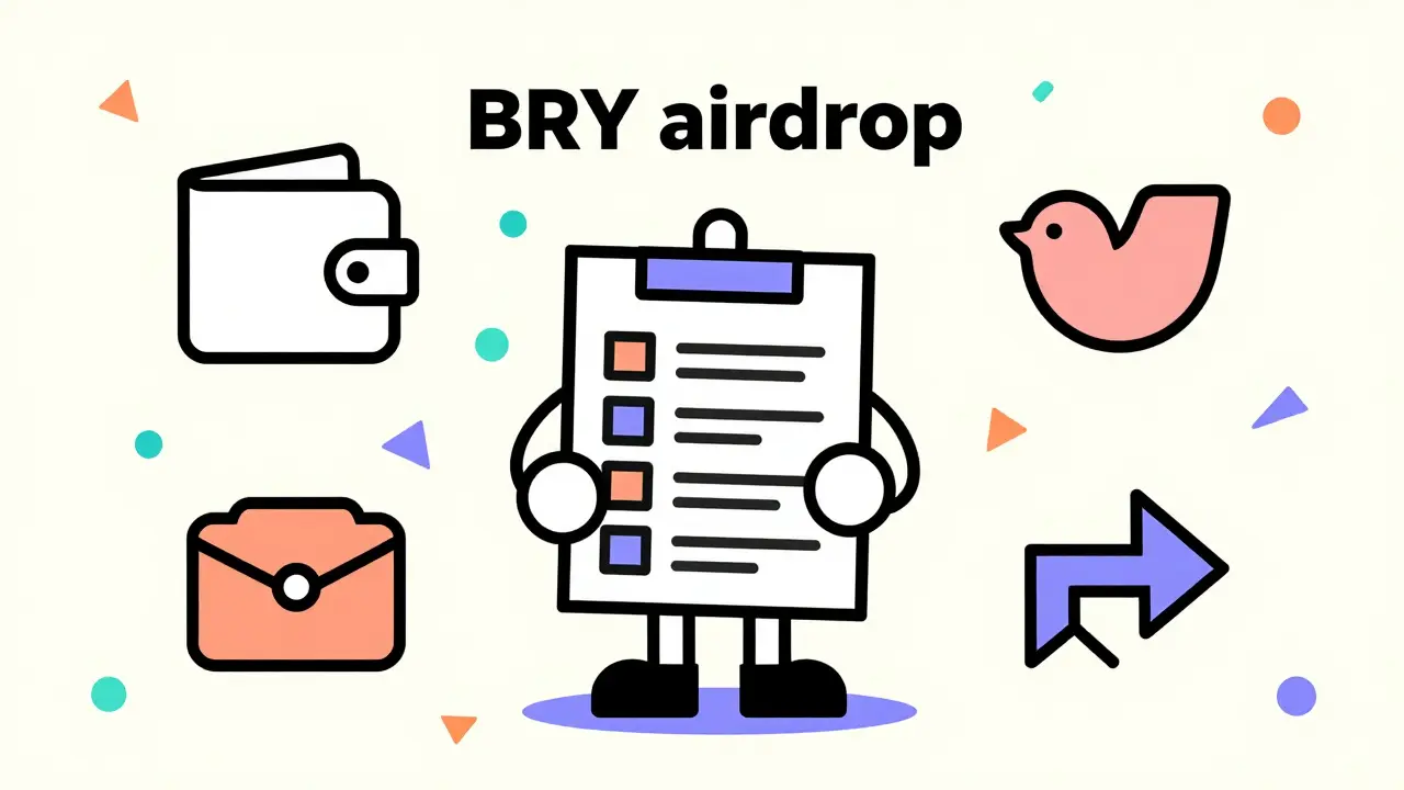 Personnage cartoon vérifiant une liste d'éligibilité pour l'airdrop BRY, style Memphis design