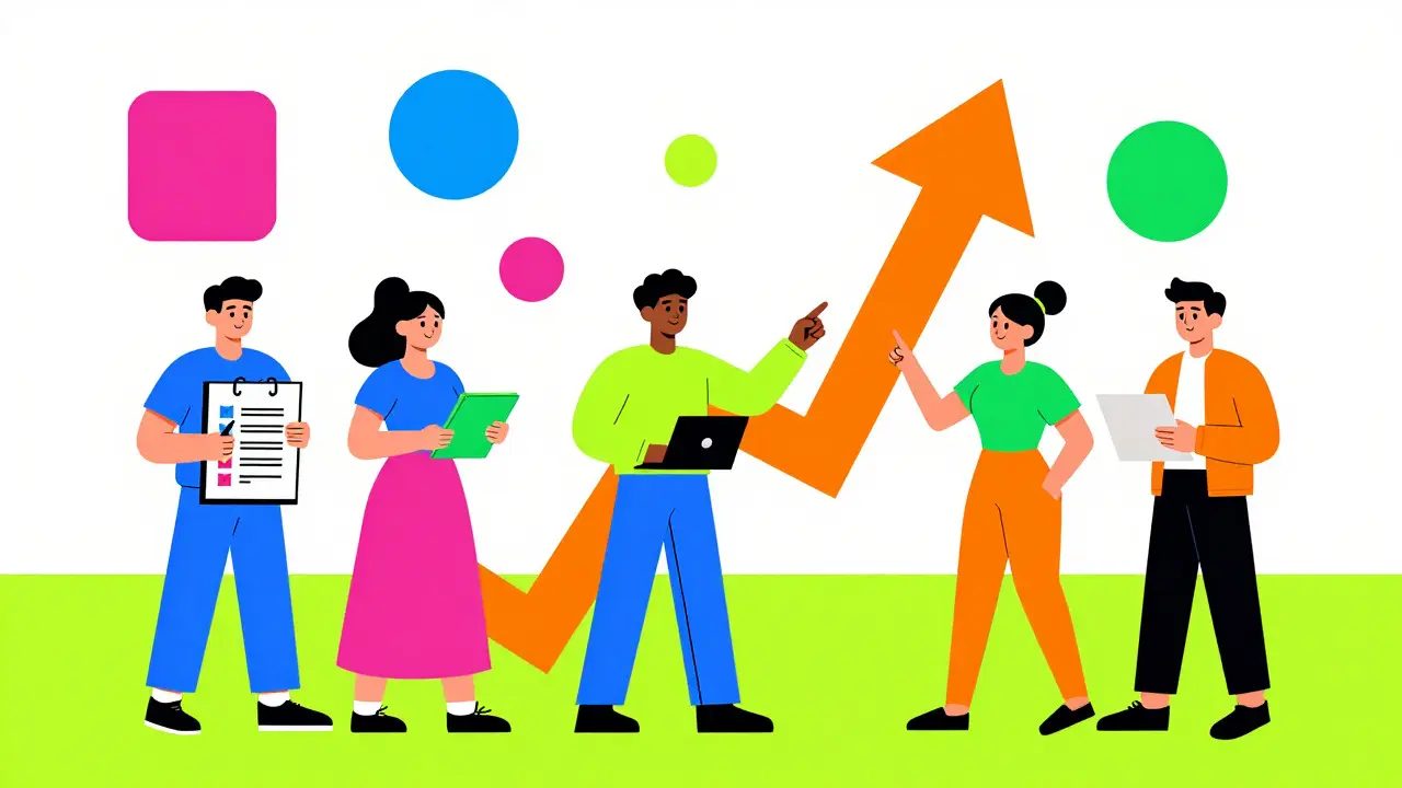 Personnages interactifs avec nœuds blockchain colorés et liste de vérification