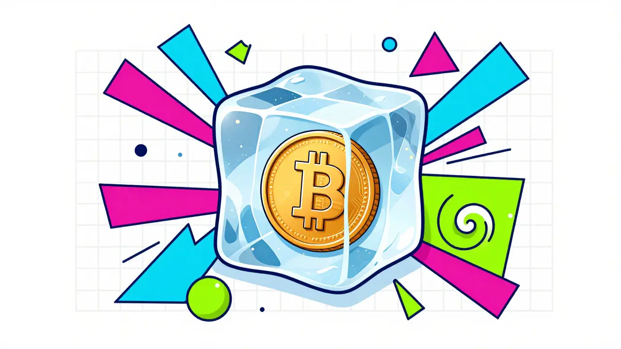 Pièce Bitcoin gelée dans un cube de glace, motifs abstraits vifs