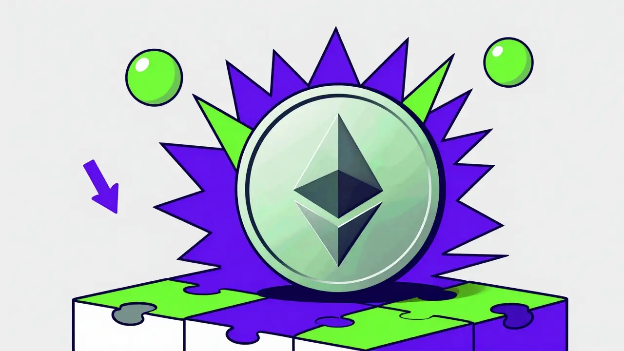Pièce de crypto-monnaie stylisée sur fond de blocs blockchain, illustrant la valeur volatile