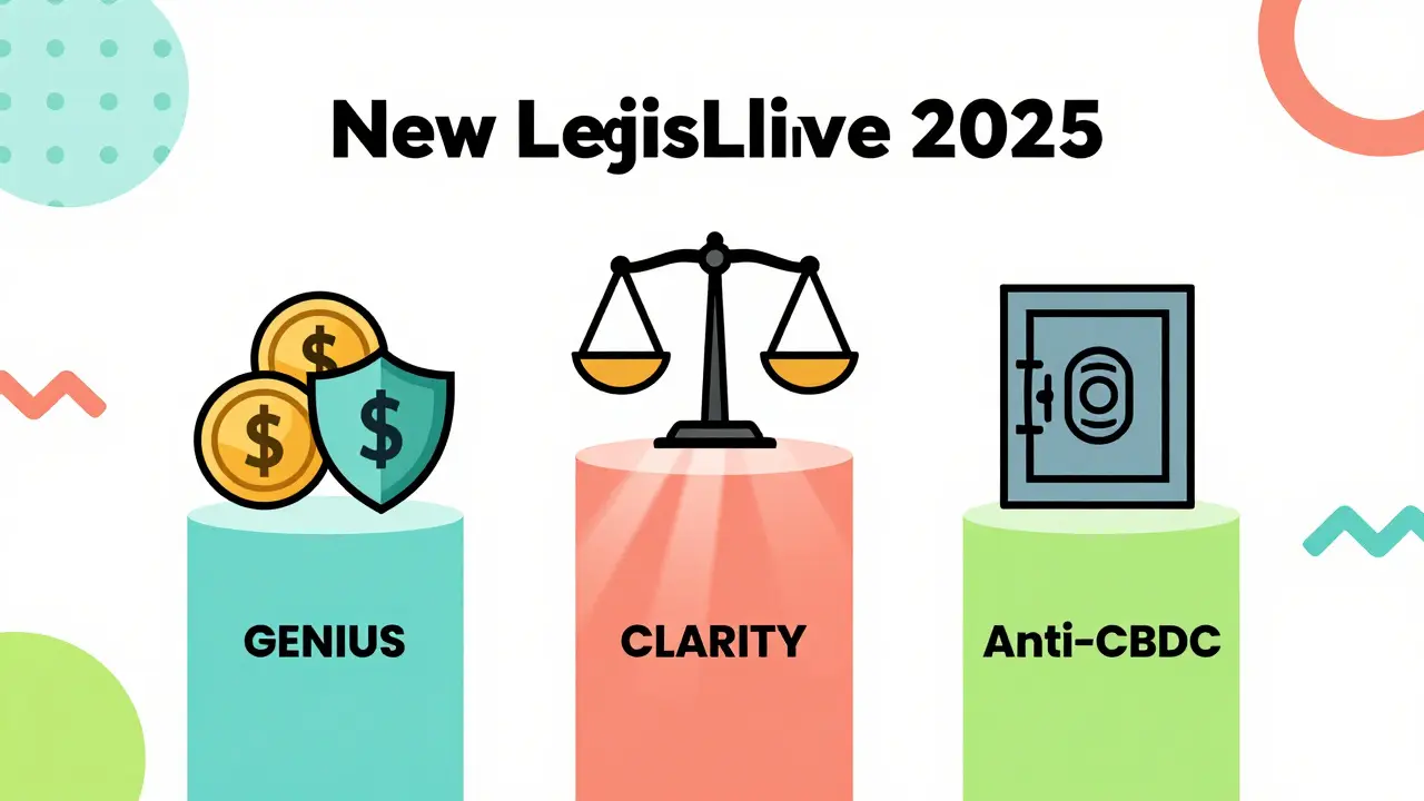 Piliers de lois crypto 2025 : GENIUS, CLARITY et Anti-CBDC en style Memphis