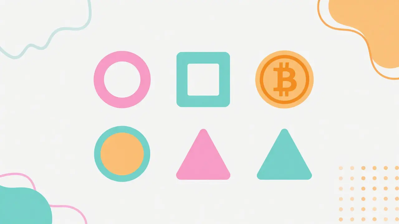 Six icônes de crypto-monnaies stylisées entourées de motifs abstraits Memphis sur fond clair