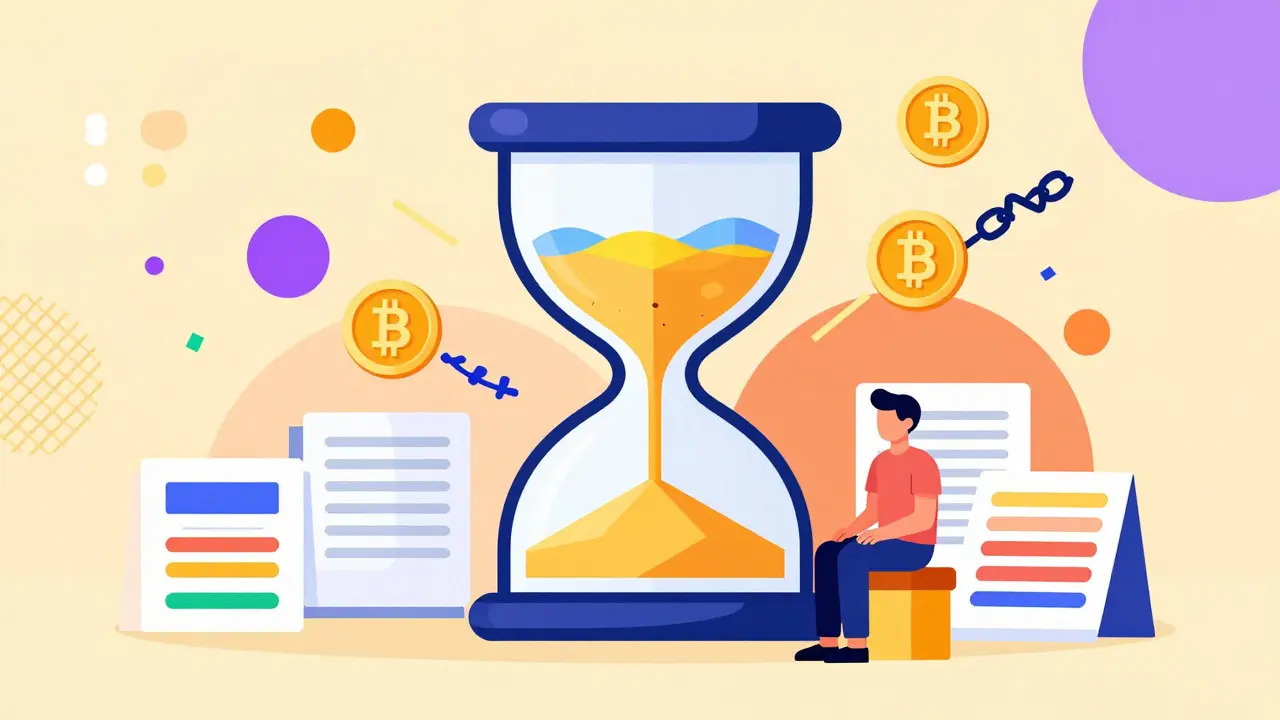 Stratégie de détention à long terme des cryptomonnaies illustrée en style Memphis