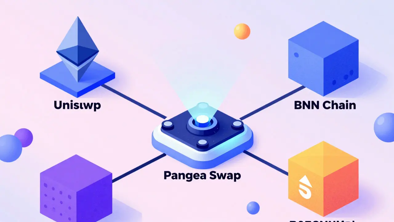 Comparaison écosystémique en style Memphis : Pangea Swap est mis en avant comme un instrument de précision sur Klaytn, distinct mais connecté aux grandes plateformes comme Uniswap et PancakeSwap via des motifs abstraits colorés.