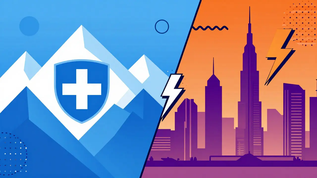 Comparaison graphique des Alpes suisses et de Dubaï en style Memphis design