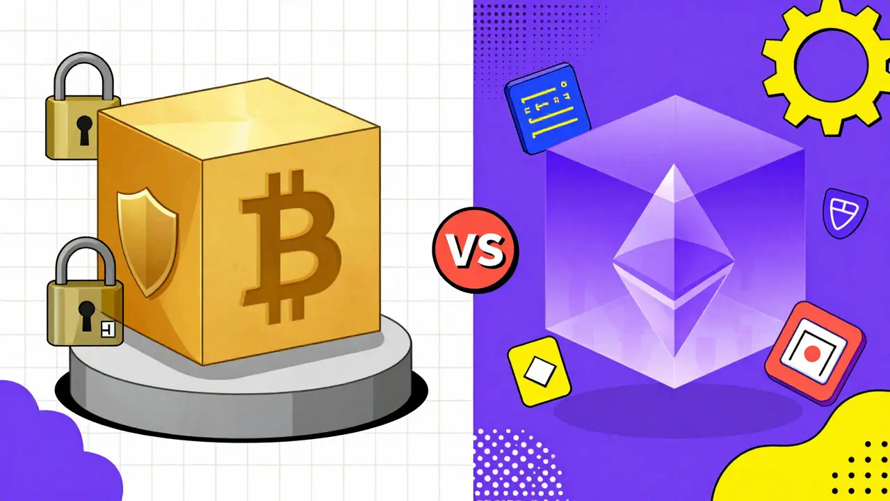 Comparaison visuelle entre Bitcoin (sécurité) et Ethereum (programmabilité) en style Memphis