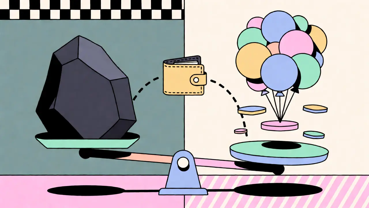Comparaison visuelle entre les frais élevés d'Ethereum et la légèreté de Shibarium en style Memphis.