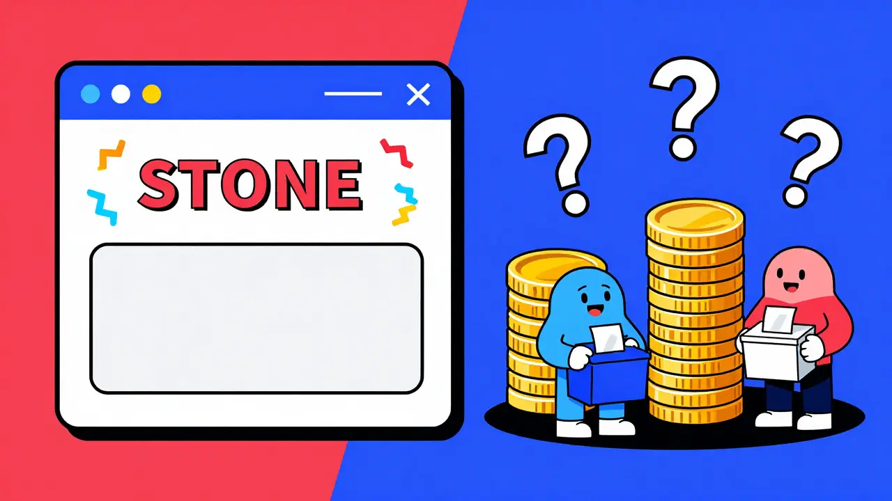 Design Memphis sur la gouvernance : une interface vide pour le token STONE entourée de points d'interrogation colorés, contrastant avec des compétiteurs affichant des piles de jetons votés par des avatars ludiques.