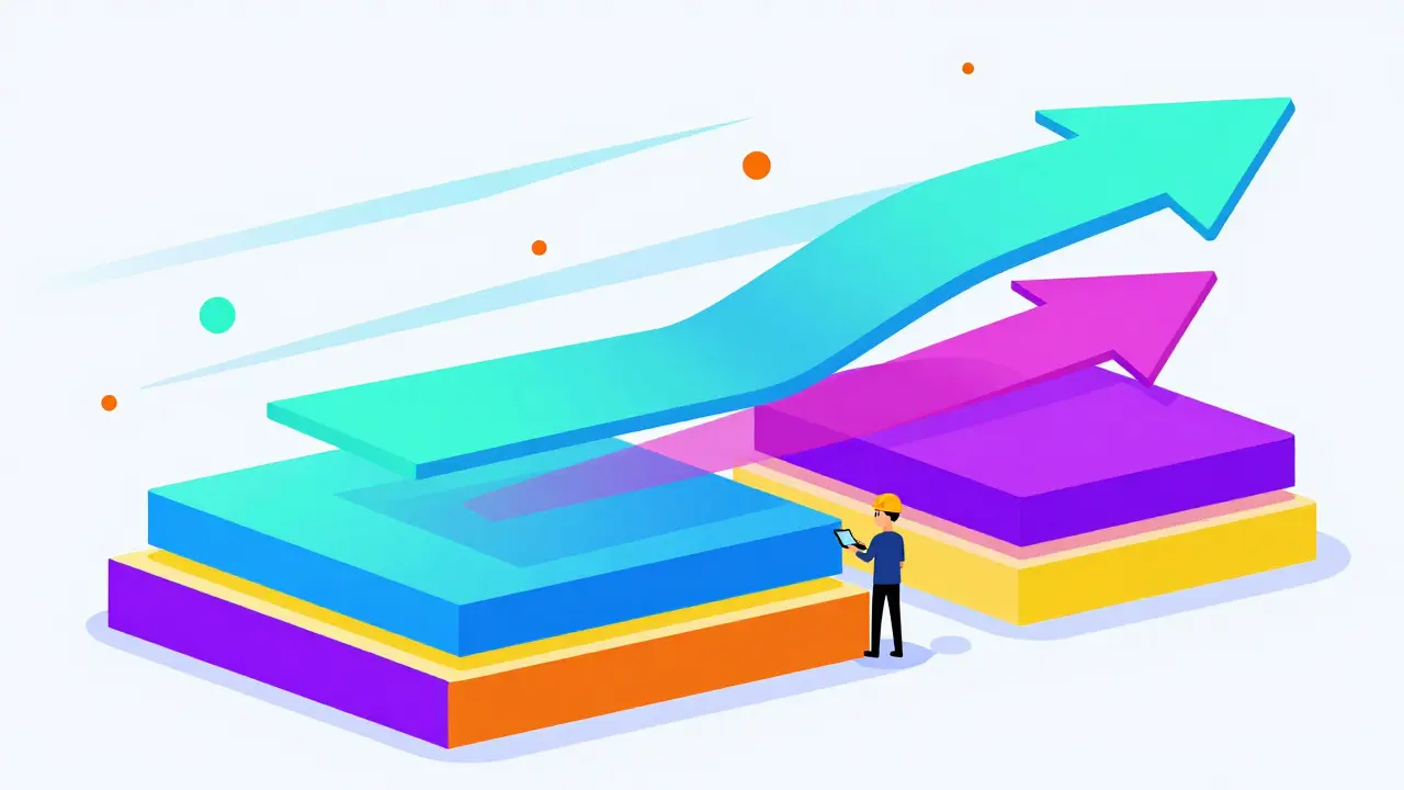 Évolution des blockchains et couches 2 représentée par des blocs et des flèches dynamiques