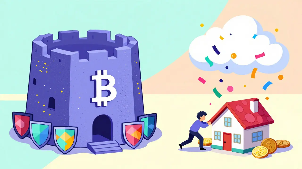 Forteresse Bitcoin vs maison vulnérable, design géométrique