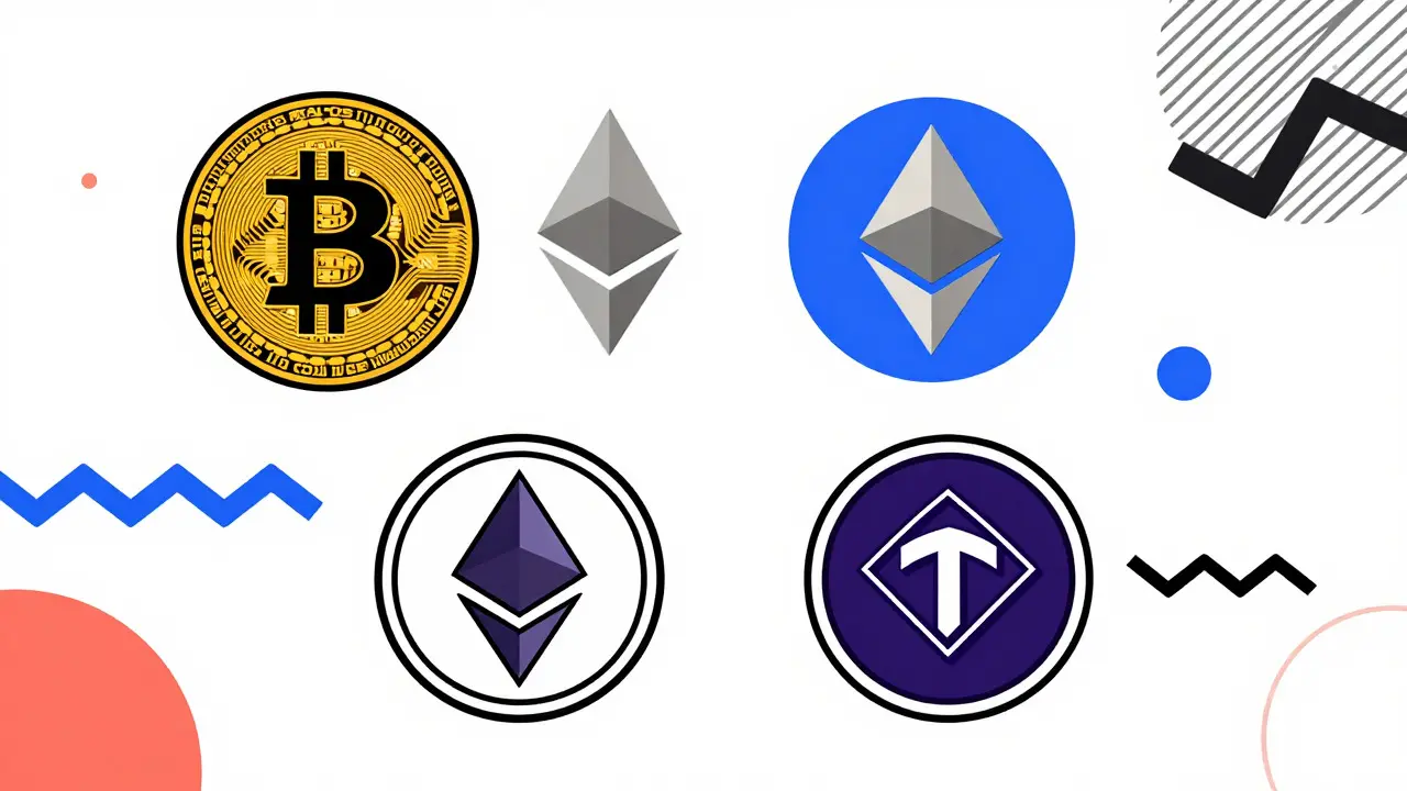 Icônes stylisées de Bitcoin, Ethereum, Monero et Toncoin dans un design graphique abstrait