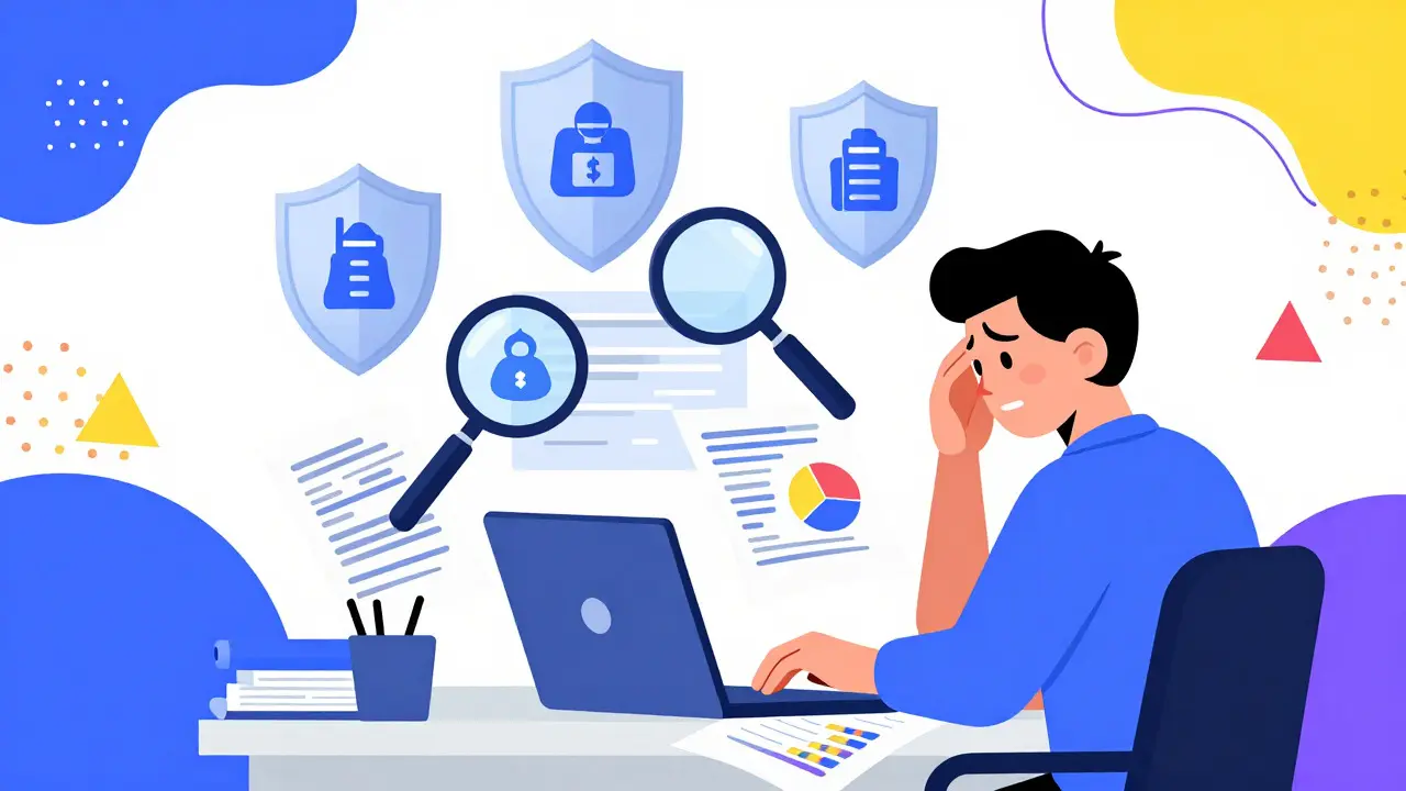 Illustration sur la sécurité et les impôts : un utilisateur cartonne gère ses documents fiscaux tandis que des boucliers transparents et des loupes flottent, représentant l'audit des contrats et la traçabilité blockchain.