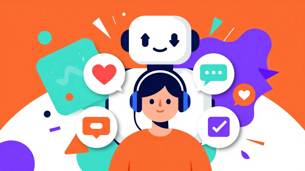 Personnage cartoon entouré de bulles sociales et d'un robot représentant les données crypto
