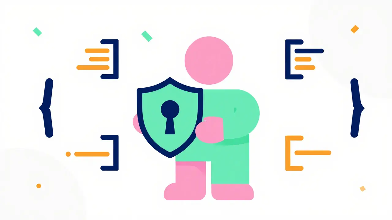 Personnage géométrique avec bouclier privé illustrant les contrats intelligents sécurisés